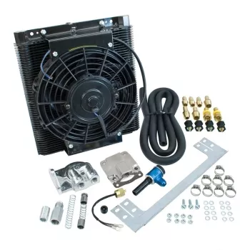 Ölkühlerlüftersatz inklusive 96-Platten-Ölkühler, 9" Lüfter, Schlauch, Thermostat, Pumpendeckel, Ölfilterhalterung, Ölrücklaufadapter und Hardware