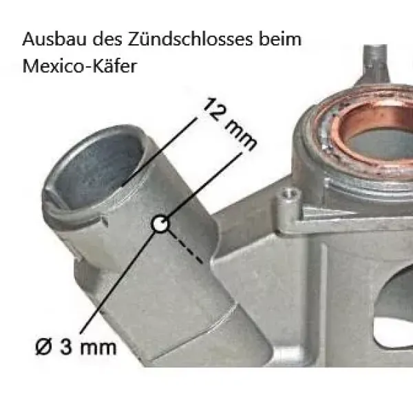 An dieser Stelle muss zum Ausbau des Zündschloss ein 3mm Loch gebohrt werden, um den Sperrriegel eindrücken zu können An dieser Stelle muss zum Ausbau des Zündschloss ein 3mm Loch gebohrt werden, um den Sperrriegel eindrücken zu können